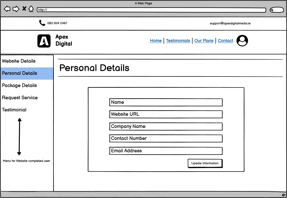 Users personal details wireframe